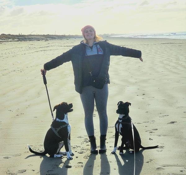 Two happy dogs at beach with a woman on a sunny day