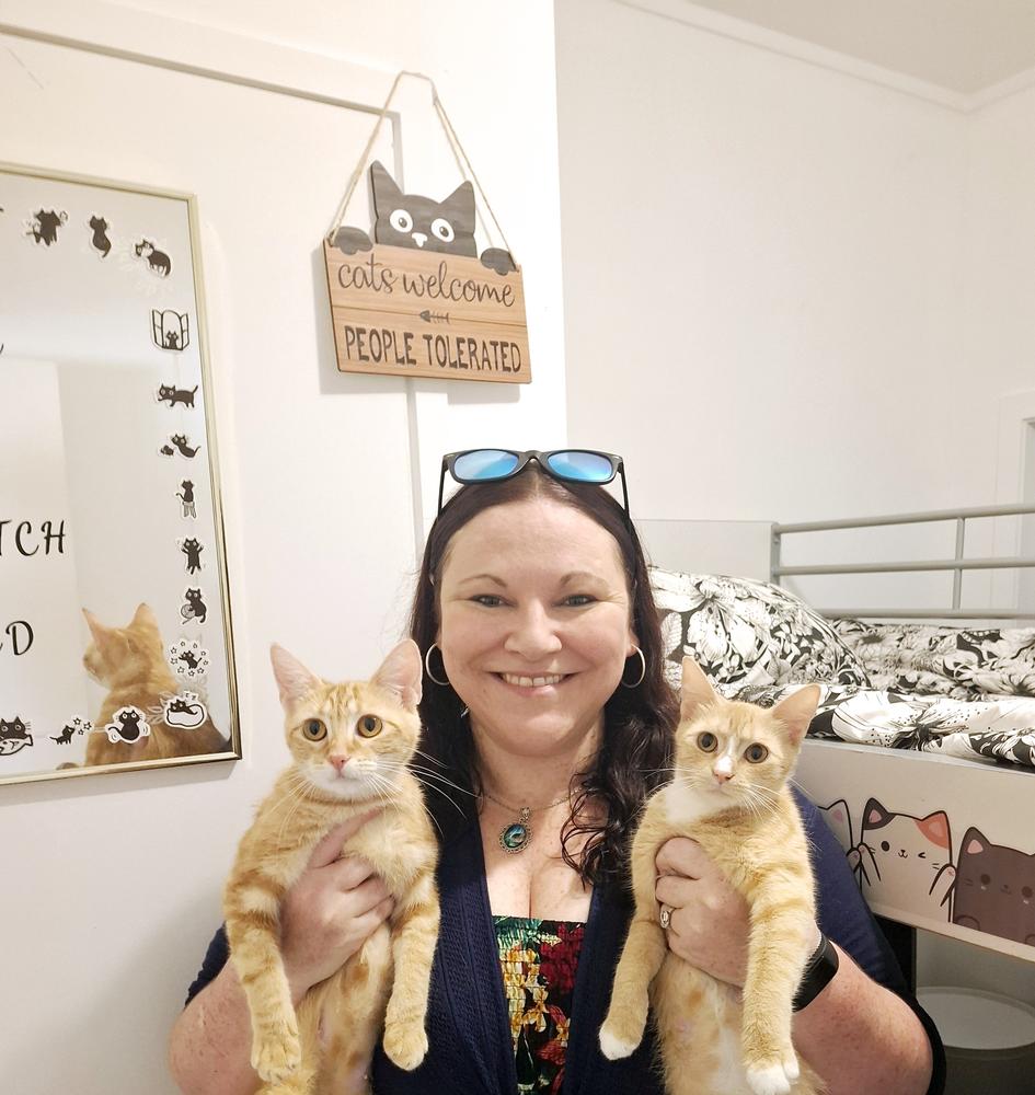 A woman with brown hair holds two orange cats up, smiling at the camera.