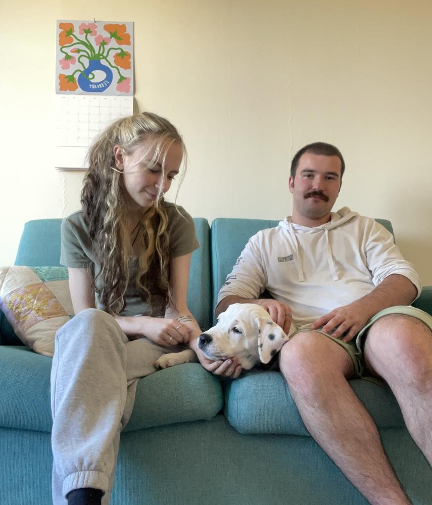 Two people sit on a teal couch with a white dog between them.