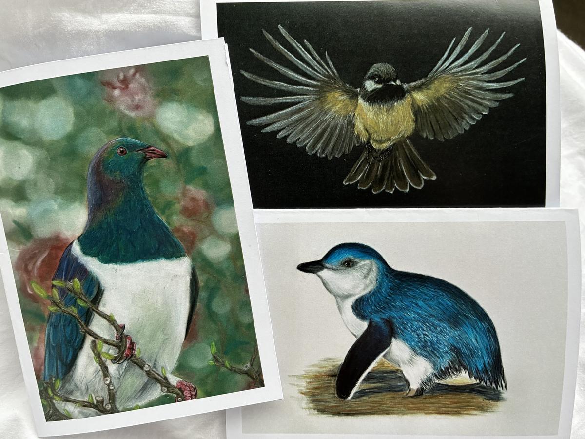 Three cards featuring drawings of a kererū, kororā, and pīwakawaka.